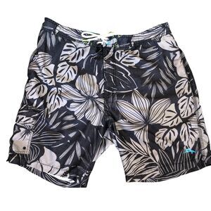 Tommy Bahama Classic Black Baja Mahana‎ Hawaiian Graphic Print Swim Trunks XL